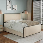 Lit plateforme capitonné en lin beige avec tête et pied de lit courbés – Queen / King, tiroirs en option