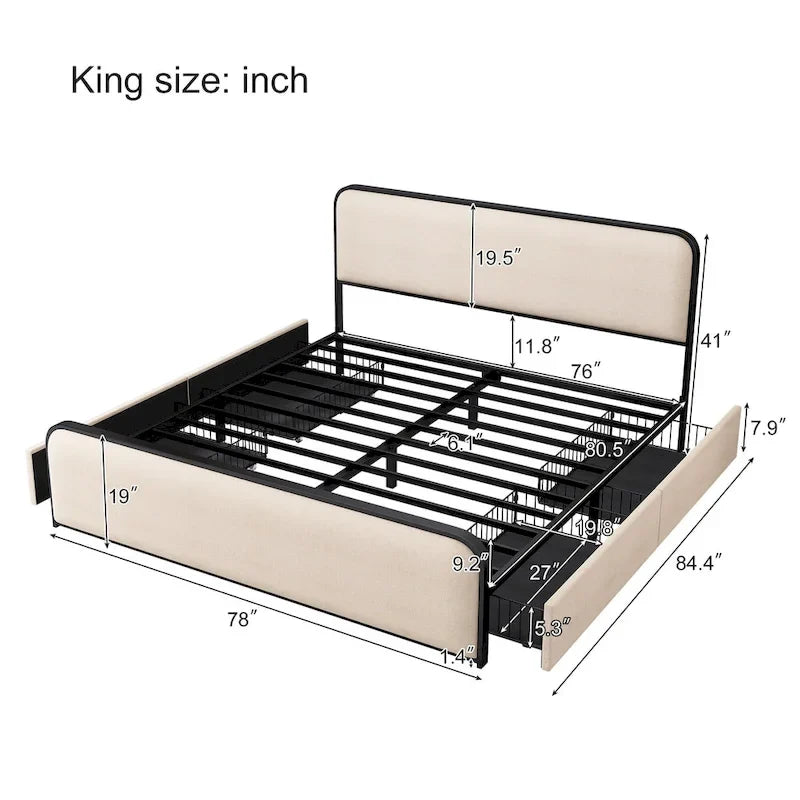 Lit plateforme capitonné en lin beige avec tête et pied de lit courbés – Queen / King, tiroirs en option