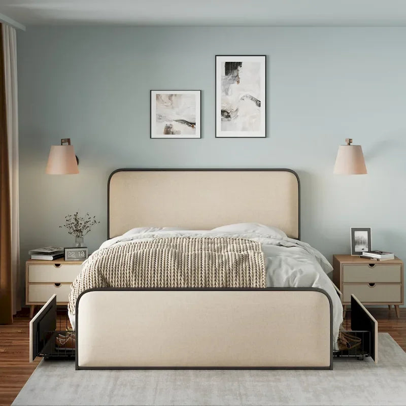 Lit plateforme capitonné en lin beige avec tête et pied de lit courbés – Queen / King, tiroirs en option