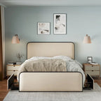 Lit plateforme capitonné en lin beige avec tête et pied de lit courbés – Queen / King, tiroirs en option
