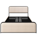 Lit plateforme capitonné en lin beige avec tête et pied de lit courbés – Queen / King, tiroirs en option