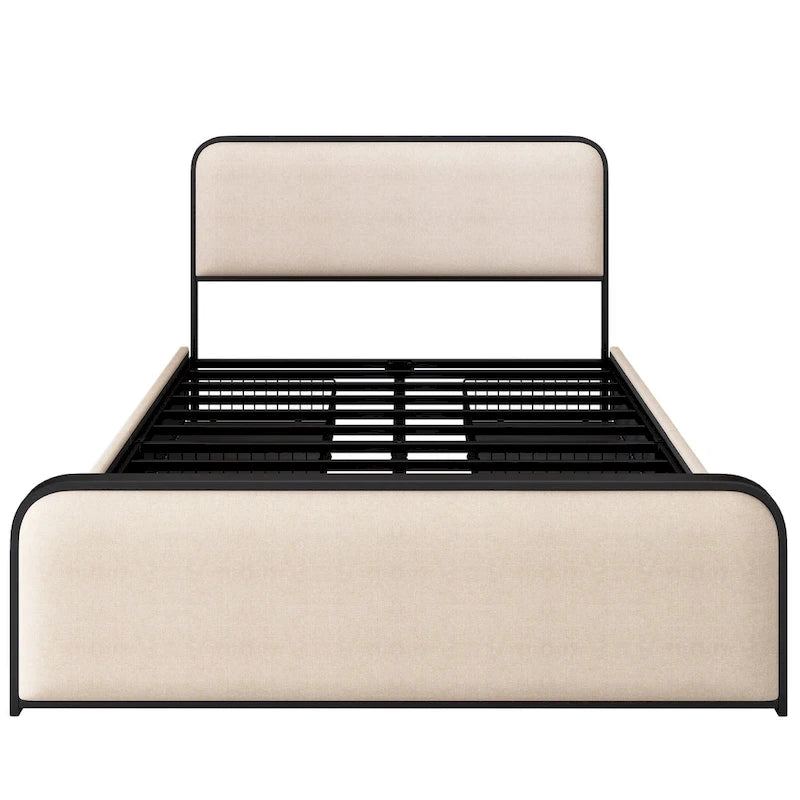 Lit plateforme capitonné en lin beige avec tête et pied de lit courbés – Queen / King, tiroirs en option