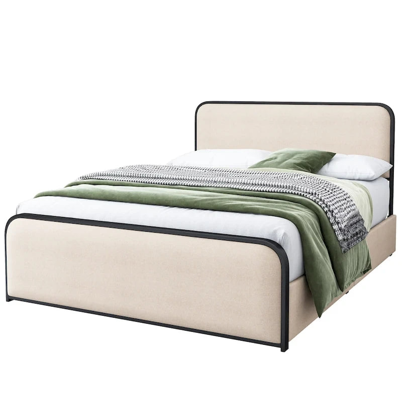 Lit plateforme capitonné en lin beige avec tête et pied de lit courbés – Queen / King, tiroirs en option