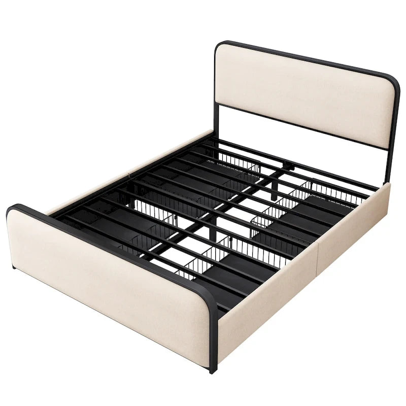 Lit plateforme capitonné en lin beige avec tête et pied de lit courbés – Queen / King, tiroirs en option