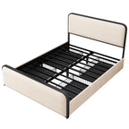 Lit plateforme capitonné en lin beige avec tête et pied de lit courbés – Queen / King, tiroirs en option