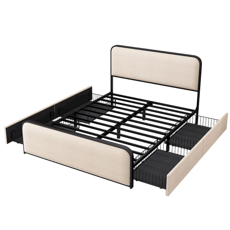Lit plateforme capitonné en lin beige avec tête et pied de lit courbés – Queen / King, tiroirs en option
