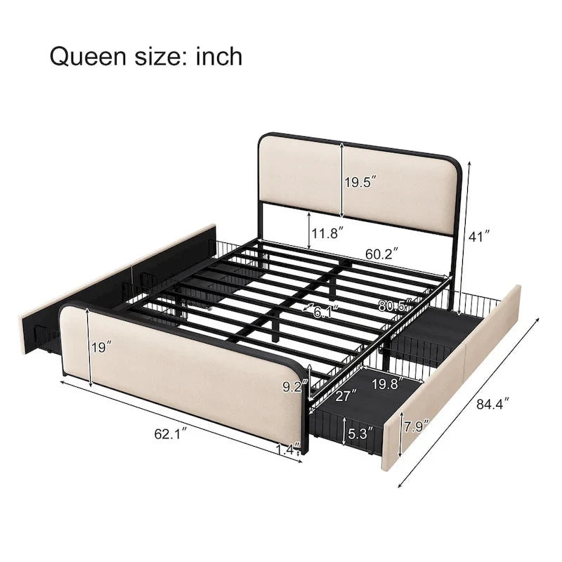 Lit plateforme capitonné en lin beige avec tête et pied de lit courbés – Queen / King, tiroirs en option