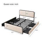 Lit plateforme capitonné en lin beige avec tête et pied de lit courbés – Queen / King, tiroirs en option