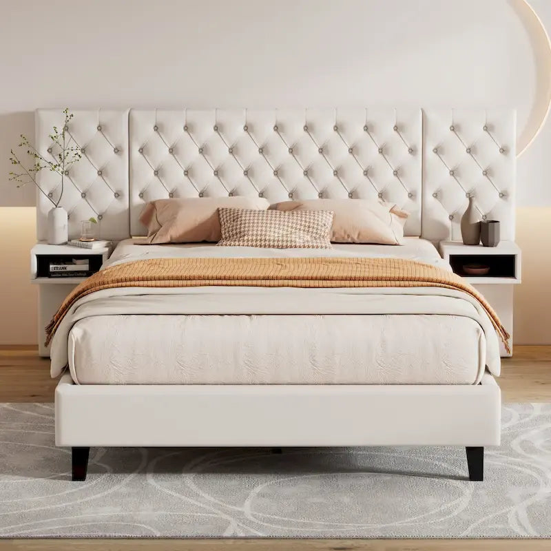 Lit plateforme à oreilles, capitonné de velours beige/gris avec tables de chevet intégrées – 1 place, très grand lit
