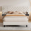 Lit plateforme à oreilles, capitonné de velours beige/gris avec tables de chevet intégrées – 1 place, très grand lit
