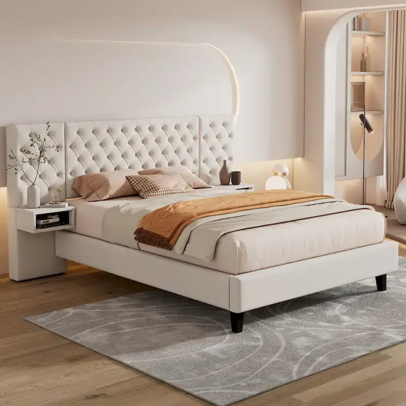 Lit plateforme à oreilles, capitonné de velours beige/gris avec tables de chevet intégrées – 1 place, très grand lit