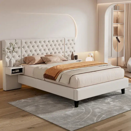 Lit plateforme à oreilles, capitonné de velours beige/gris avec tables de chevet intégrées – 1 place, très grand lit