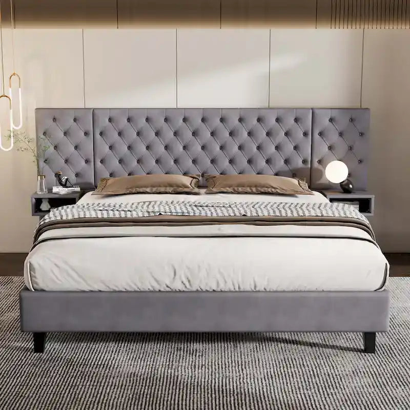 Lit plateforme à oreilles, capitonné de velours beige/gris avec tables de chevet intégrées – 1 place, très grand lit