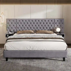 Lit plateforme à oreilles, capitonné de velours beige/gris avec tables de chevet intégrées – 1 place, très grand lit