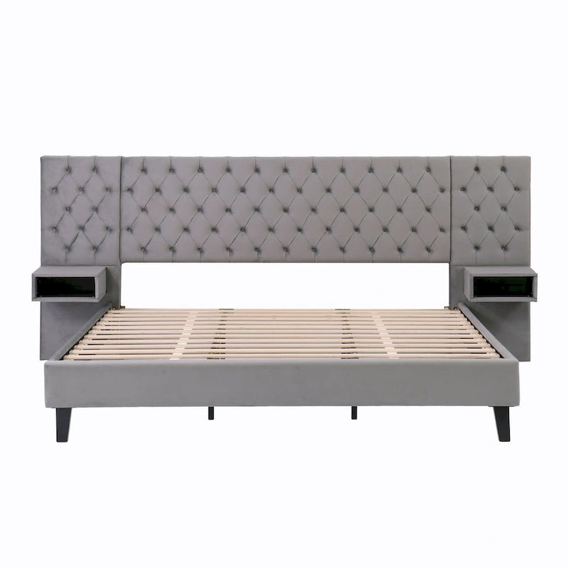 Lit plateforme à oreilles, capitonné de velours beige/gris avec tables de chevet intégrées – 1 place, très grand lit