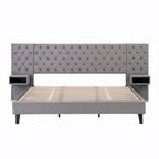 Lit plateforme à oreilles, capitonné de velours beige/gris avec tables de chevet intégrées – 1 place, très grand lit