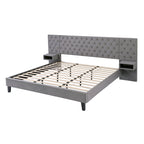 Lit plateforme à oreilles, capitonné de velours beige/gris avec tables de chevet intégrées – 1 place, très grand lit