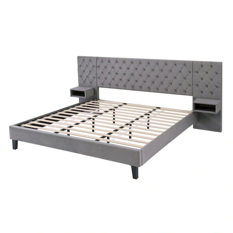 Lit plateforme à oreilles, capitonné de velours beige/gris avec tables de chevet intégrées – 1 place, très grand lit