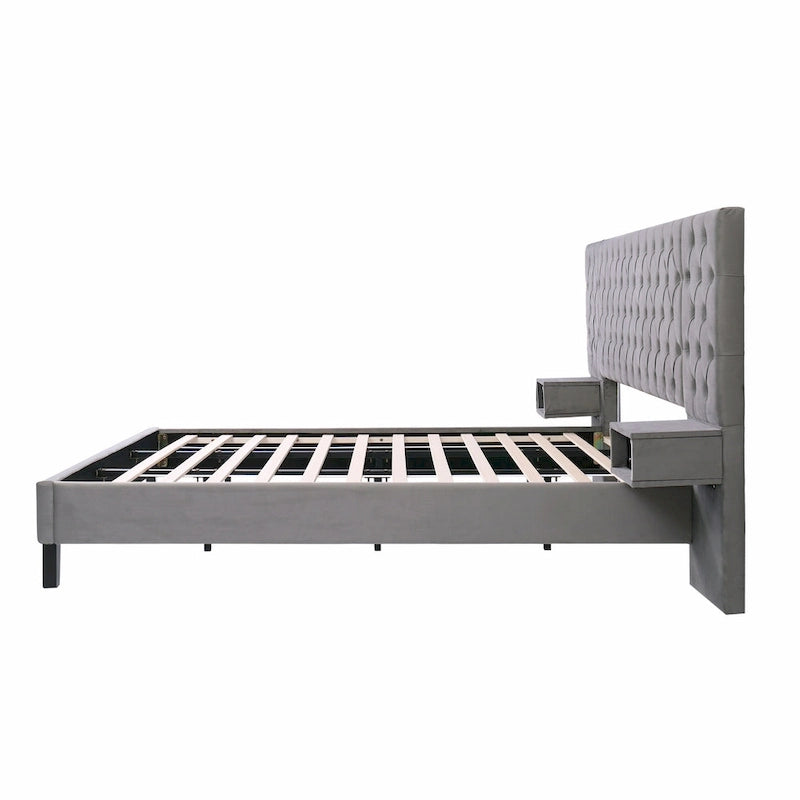 Lit plateforme à oreilles, capitonné de velours beige/gris avec tables de chevet intégrées – 1 place, très grand lit