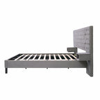 Lit plateforme à oreilles, capitonné de velours beige/gris avec tables de chevet intégrées – 1 place, très grand lit