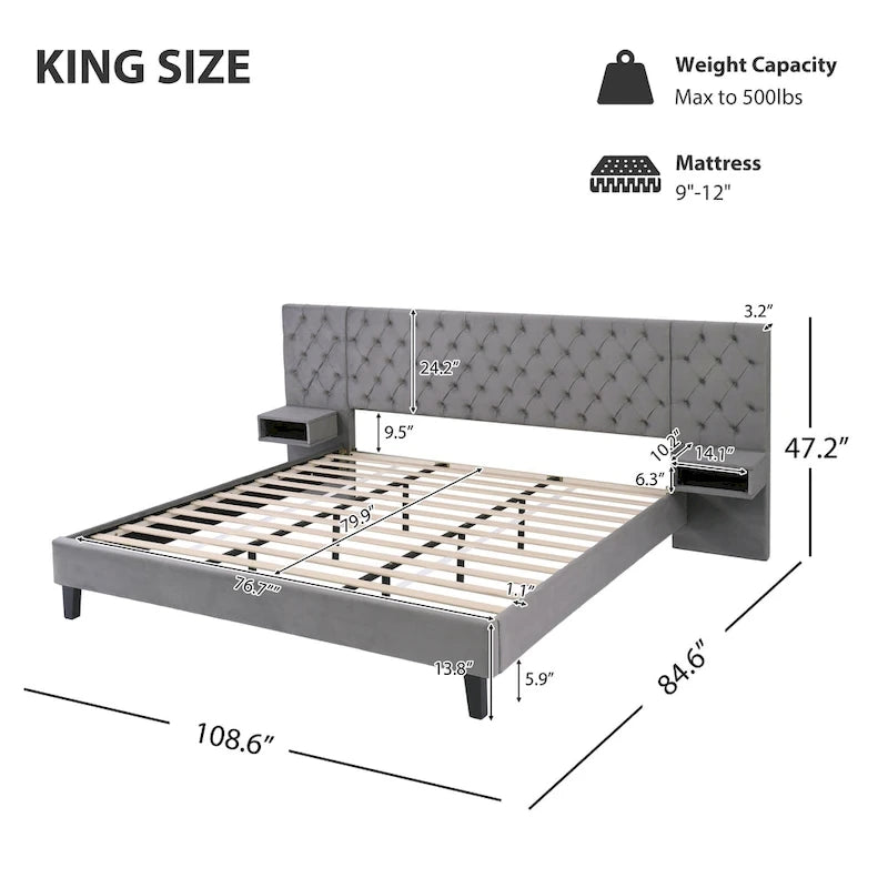 Lit plateforme à oreilles, capitonné de velours beige/gris avec tables de chevet intégrées – 1 place, très grand lit