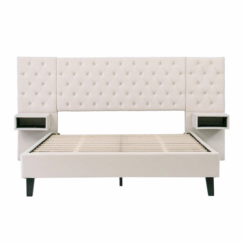Lit plateforme à oreilles, capitonné de velours beige/gris avec tables de chevet intégrées – 1 place, très grand lit
