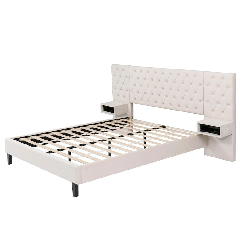 Lit plateforme à oreilles, capitonné de velours beige/gris avec tables de chevet intégrées – 1 place, très grand lit