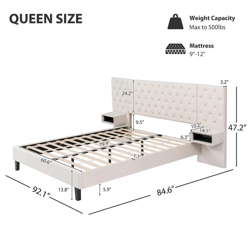 Lit plateforme à oreilles, capitonné de velours beige/gris avec tables de chevet intégrées – 1 place, très grand lit