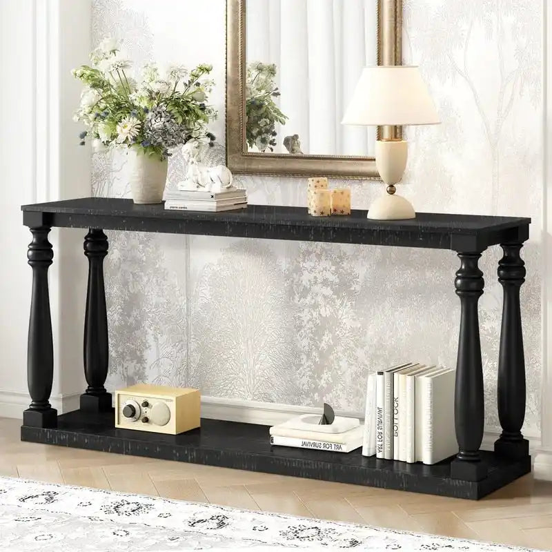 Console vintage aspect bois avec pieds en forme de vase et étagère inférieure – Plusieurs coloris