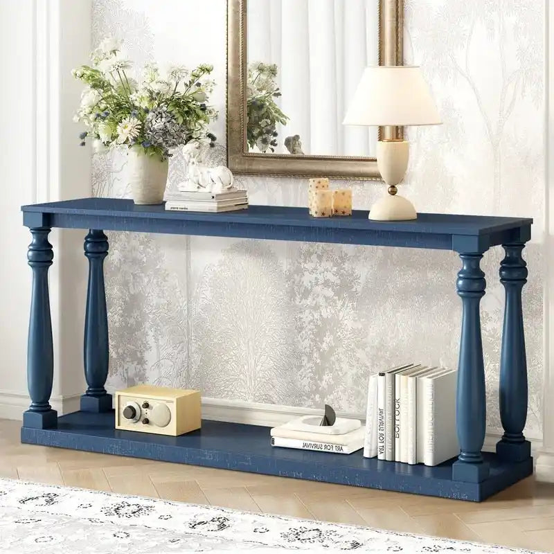 Console vintage aspect bois avec pieds en forme de vase et étagère inférieure – Plusieurs coloris