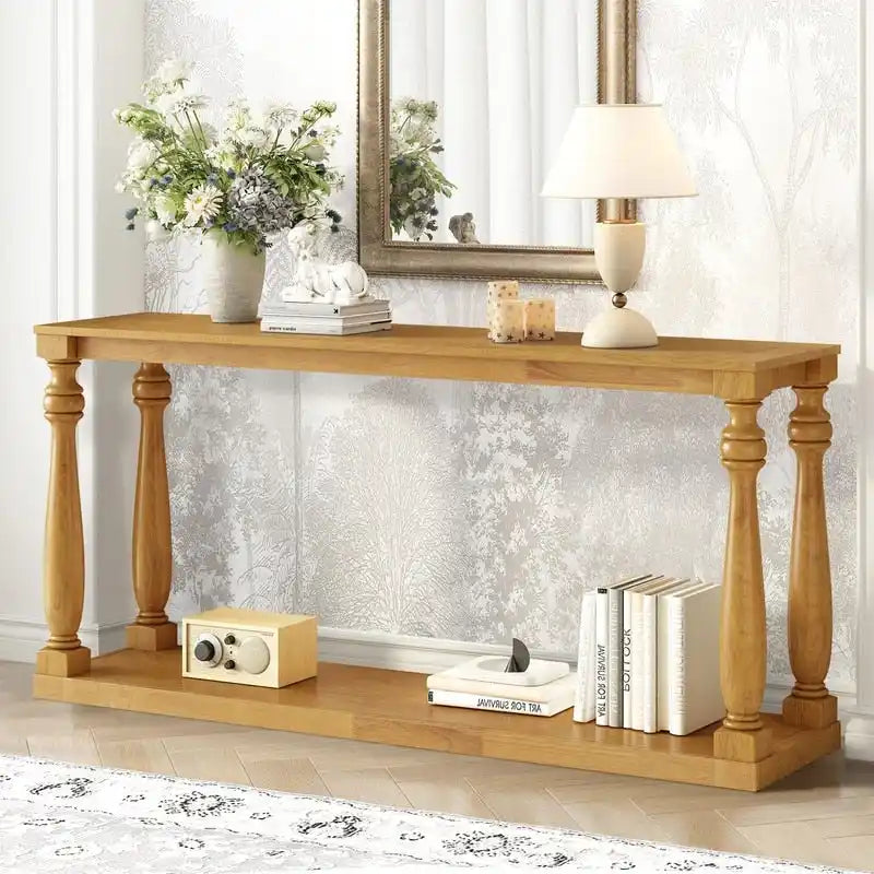 Console vintage aspect bois avec pieds en forme de vase et étagère inférieure – Plusieurs coloris