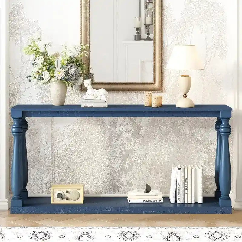 Console vintage aspect bois avec pieds en forme de vase et étagère inférieure – Plusieurs coloris
