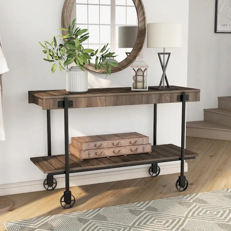 Console de Ferme avec Roues Décoratives et Étagère Inférieure – Plusieurs Couleurs
