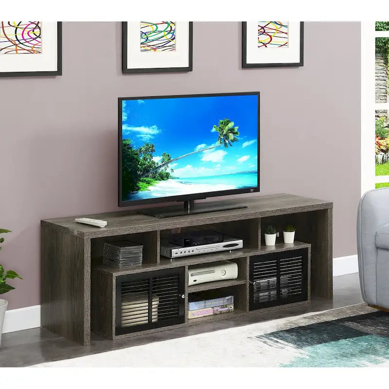 Meuble TV 60" avec portes d'armoire à persiennes et étagères ouvertes – Plusieurs coloris