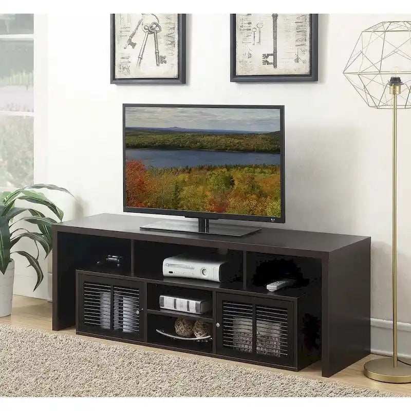Meuble TV 60" avec portes d'armoire à persiennes et étagères ouvertes – Plusieurs coloris
