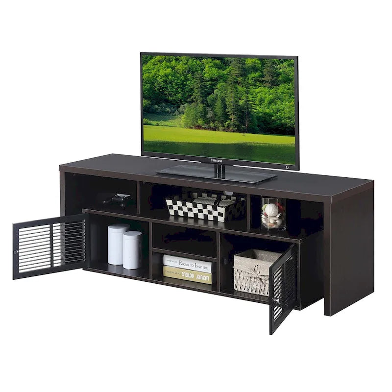 Meuble TV 60" avec portes d'armoire à persiennes et étagères ouvertes – Plusieurs coloris