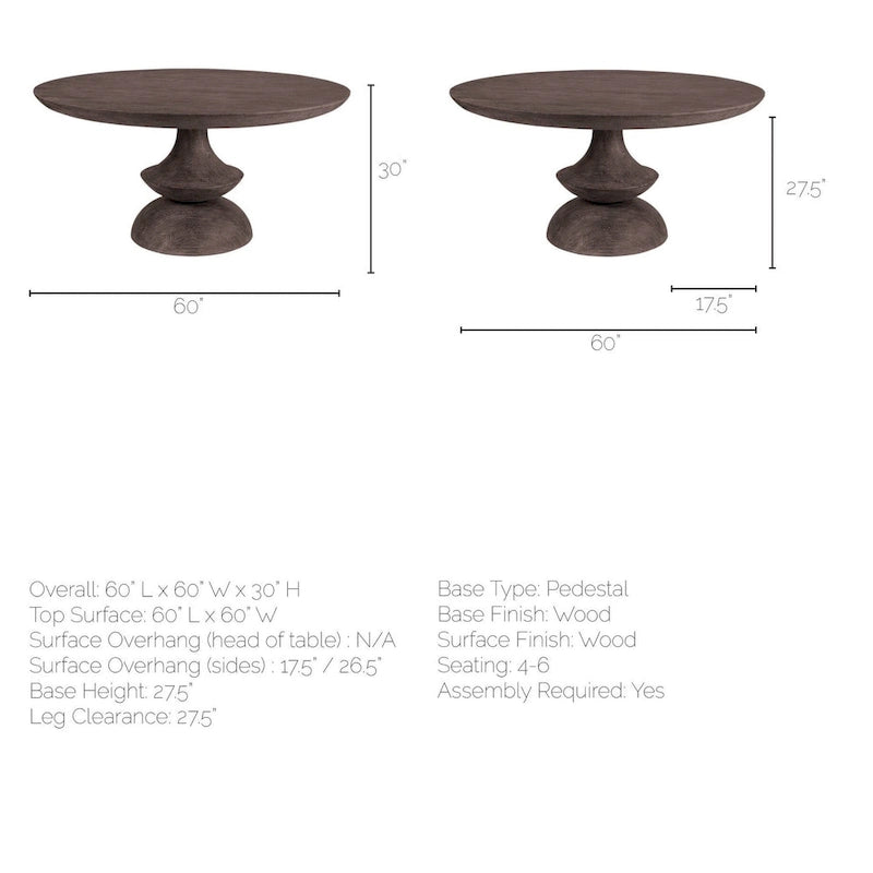 Table à manger ronde sur pied en bois de manguier massif – 6 places, plusieurs coloris