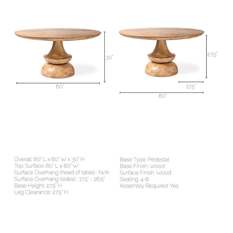Table à manger ronde sur pied en bois de manguier massif – 6 places, plusieurs coloris