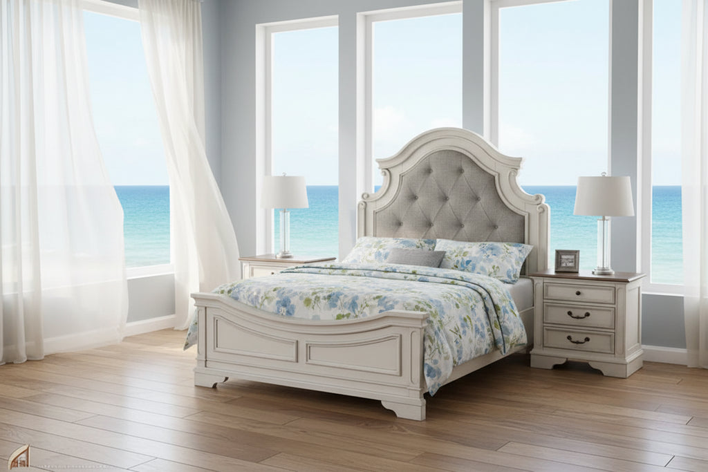 Lupe King Size Bed, Gray Upholstered Scalloped Frame, Antique White Finish