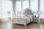 Lupe King Size Bed, Gray Upholstered Scalloped Frame, Antique White Finish