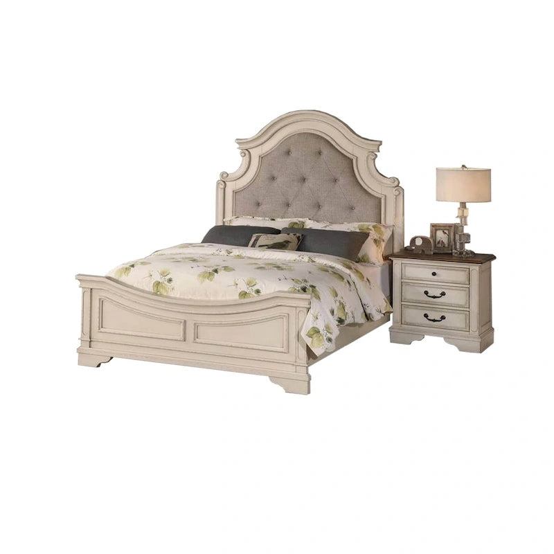 Lit king capitonné festonné blanc antique et gris avec tête de lit capitonnée – 1 place