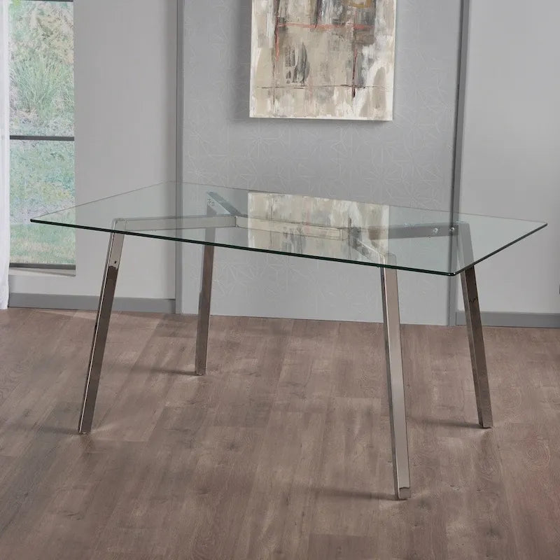 Table à manger rectangulaire en verre transparent et chrome – 6 places