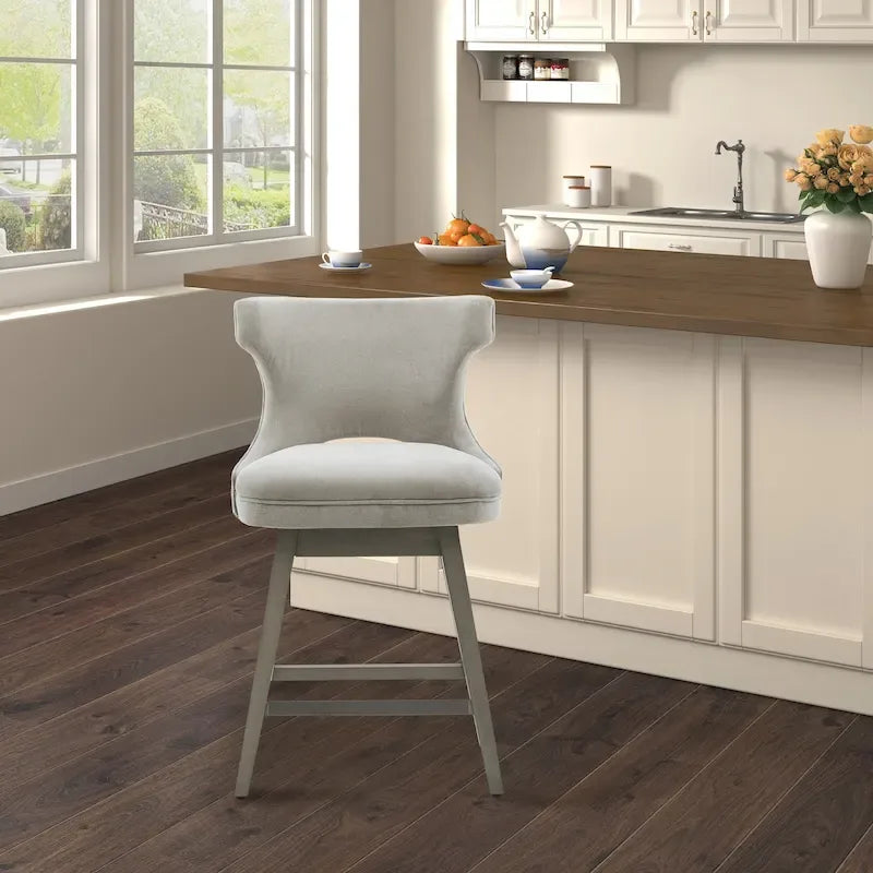 Tabouret de comptoir pivotant à 360° en tissu gris clair / beige / anthracite avec garniture cloutée – 1 place