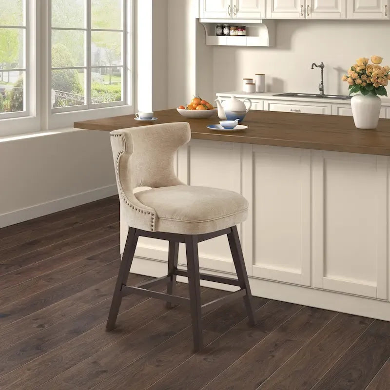 Tabouret de comptoir pivotant à 360° en tissu gris clair / beige / anthracite avec garniture cloutée – 1 place
