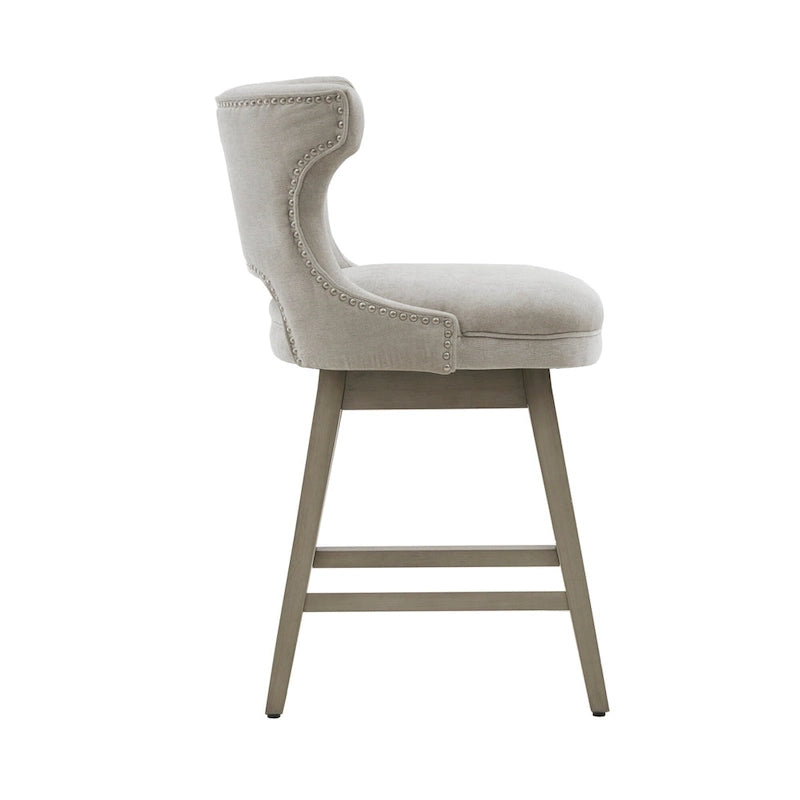 Tabouret de comptoir pivotant à 360° en tissu gris clair / beige / anthracite avec garniture cloutée – 1 place