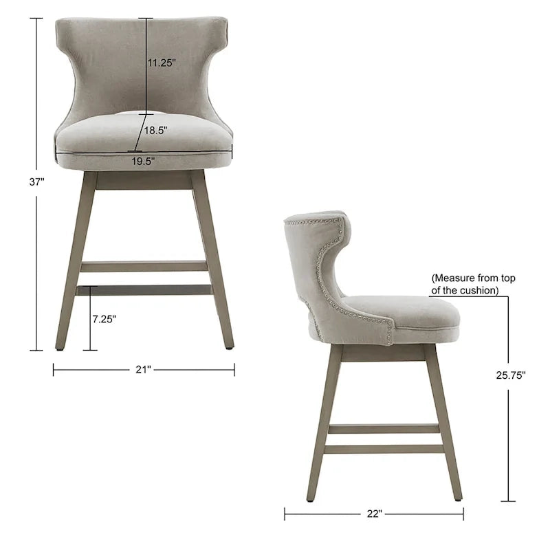 Tabouret de comptoir pivotant à 360° en tissu gris clair / beige / anthracite avec garniture cloutée – 1 place