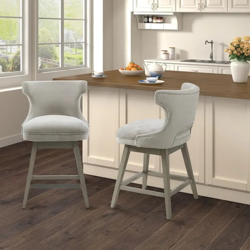 Tabouret de comptoir pivotant à 360° en tissu gris clair / beige / anthracite avec garniture cloutée – 1 place