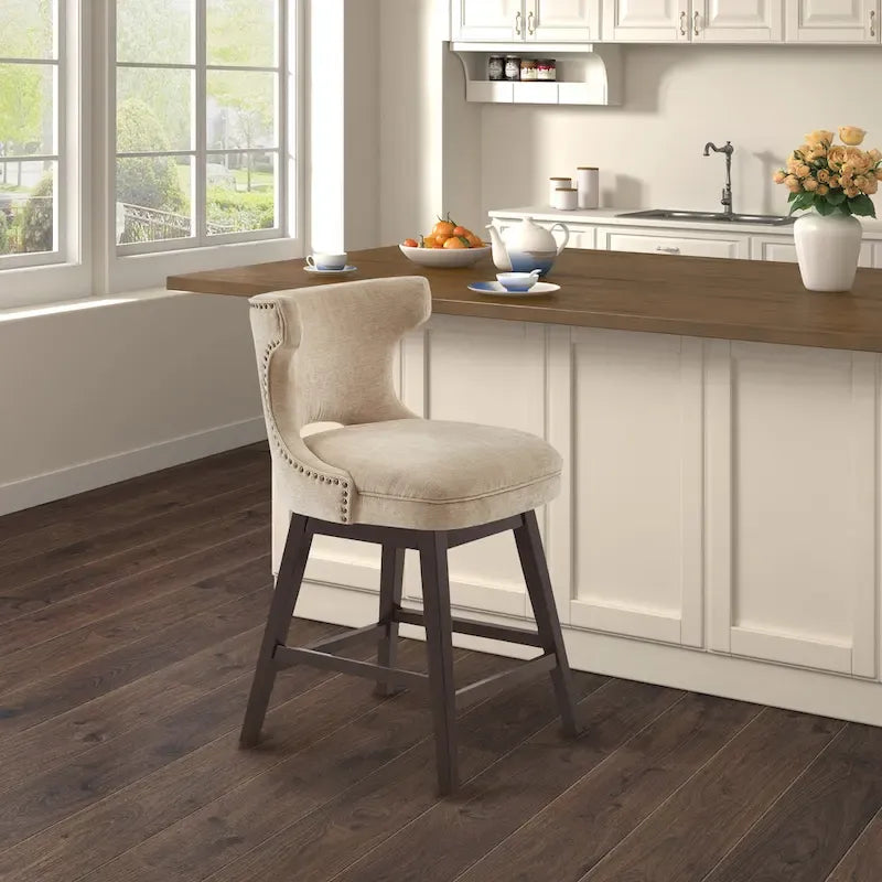 Tabouret de comptoir pivotant à 360° en tissu gris clair / beige / anthracite avec garniture cloutée – 1 place