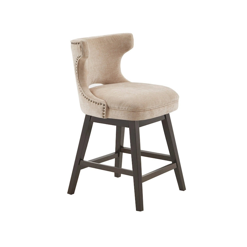 Tabouret de comptoir pivotant à 360° en tissu gris clair / beige / anthracite avec garniture cloutée – 1 place