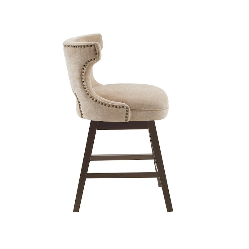 Tabouret de comptoir pivotant à 360° en tissu gris clair / beige / anthracite avec garniture cloutée – 1 place